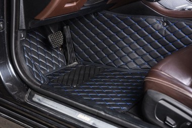 Best Black and Blue Stitching Luxury Leather Diamond Car Floor Mats UK