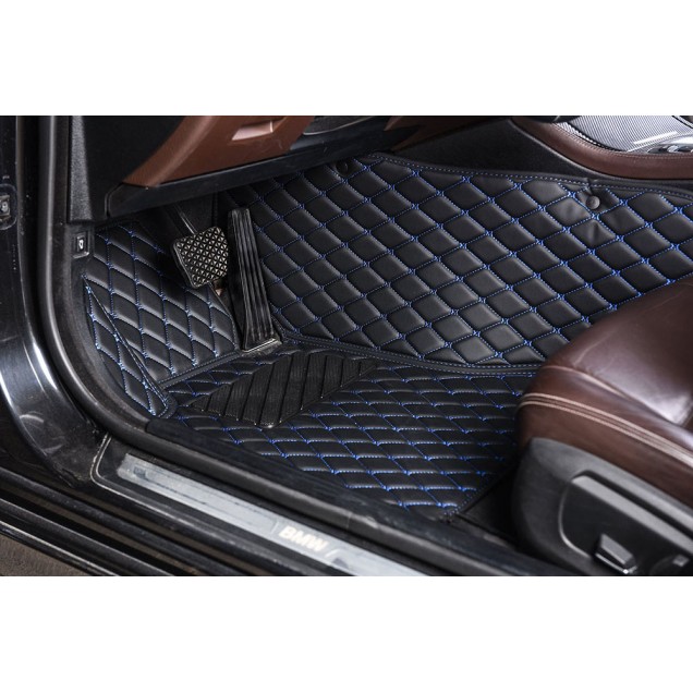 Best Black and Blue Stitching Luxury Leather Diamond Car Floor Mats UK