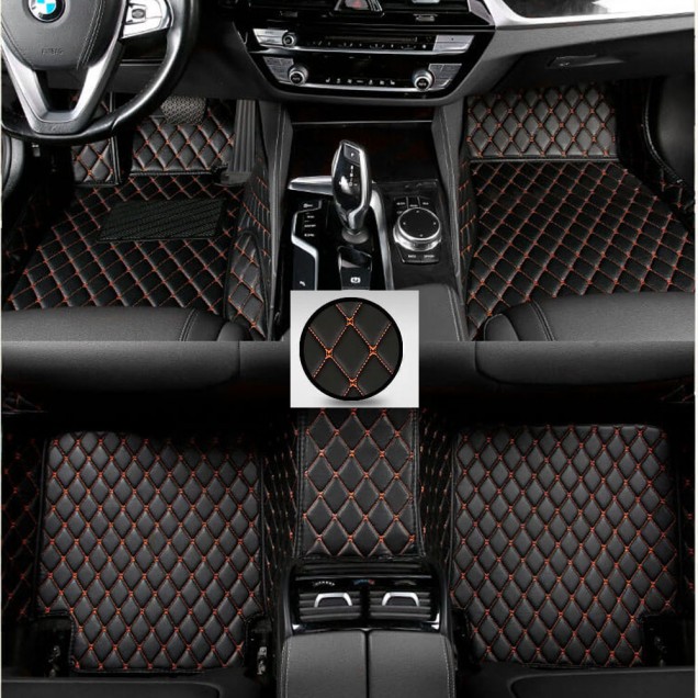 Best Black and Orange Stitching Luxury Leather Diamond Car Floor Mats UK