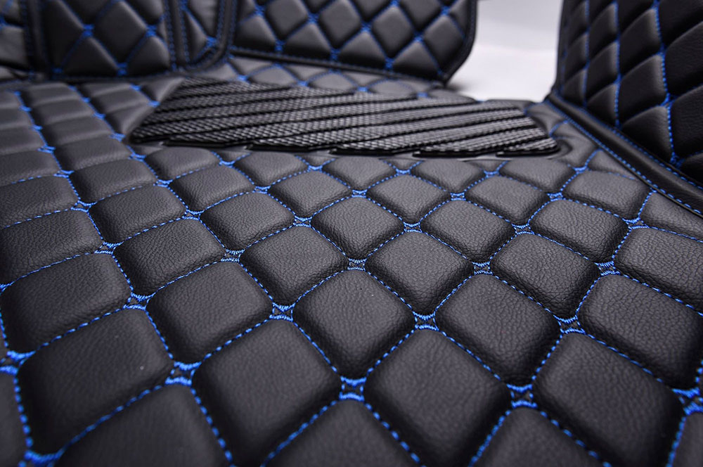 Best Black and Blue Stitching Luxury Leather Diamonds Car Floor Mats UK Best Black and Blue Stitching Luxury Leather Diamonds Car Floor Mats UK