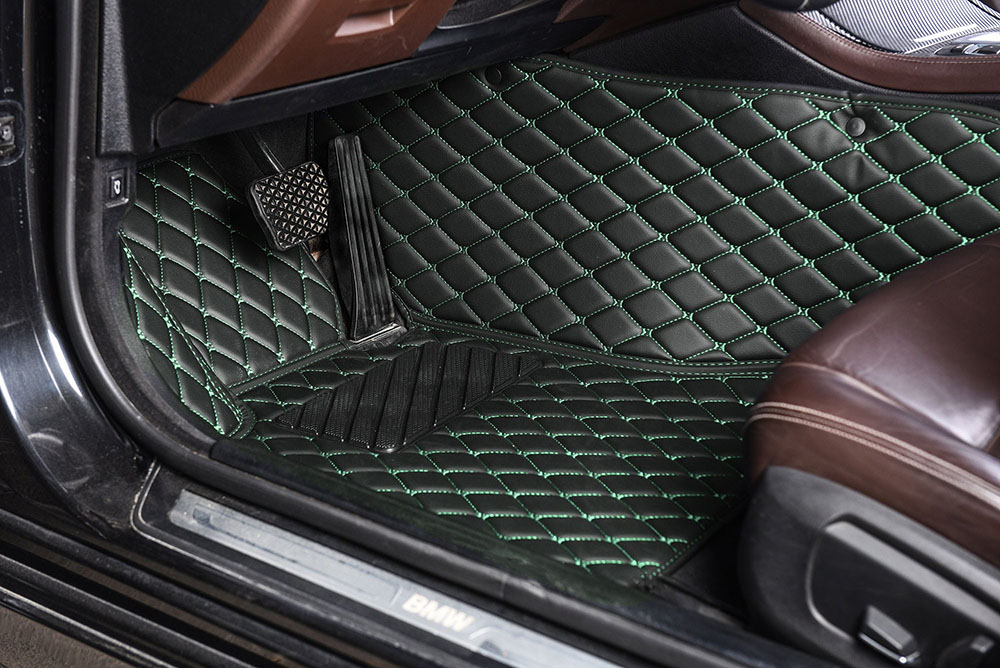 Best Black and Green Stitching Luxury Leather Diamond Car Mats UK Best Black and Green Stitching Luxury Leather Diamond Car Mats UK
