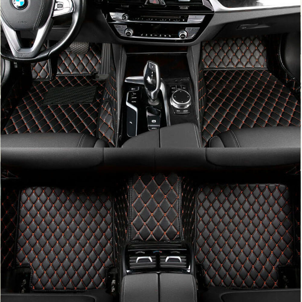 Best Black and Orange Stitching Luxury Leather Diamond Car Mats UK Best Black and Orange Stitching Luxury Leather Diamond Car Mats UK