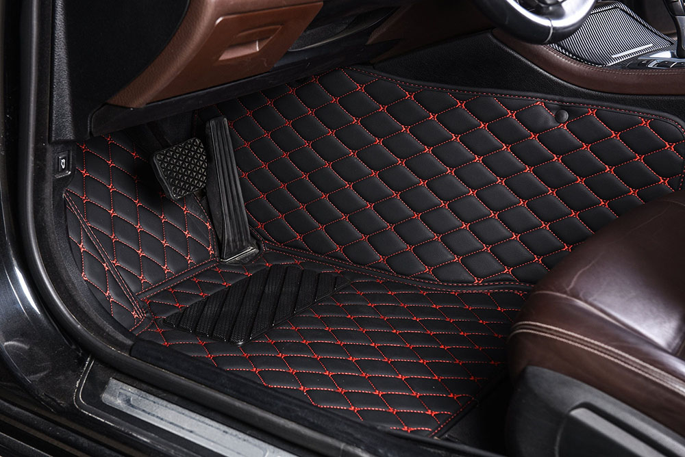 Best Black and Red Stitching Luxury Leather Diamond Car Mats UK