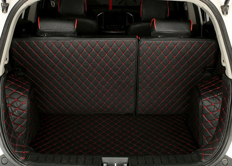 Best Black and Red Stitching Full Cover Luxury Leather Diamond Trunk Car Mats UK